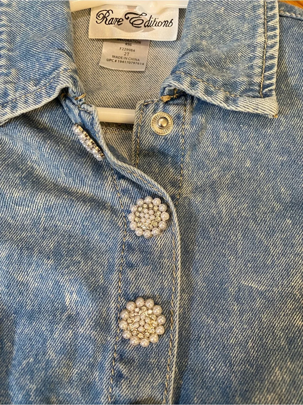Rare Editions Light Blue Denim Dress with Crystal Buttons & Matching Headband 2T